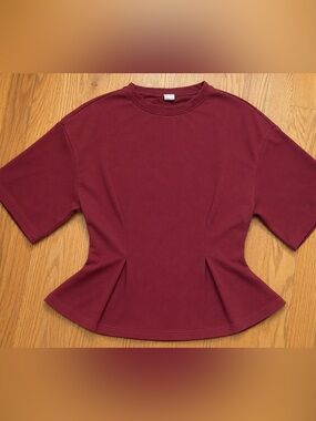 Womens Burgundy Peplum Short Sleeve Top